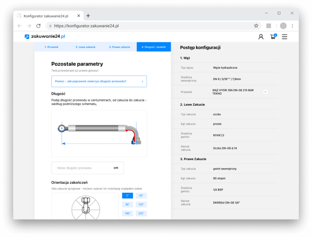 Konfigurator węży hydraulicznych – widok aplikacji