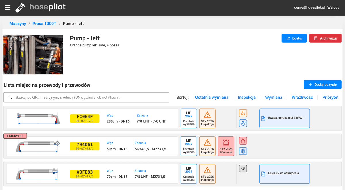 HosePilot — panel zarządzania przewodami hydraulicznymi